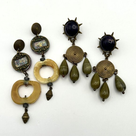 Vintage Boho Artisan Statement Earring Bundle Brass Tone Dangles Hoop - Picture 13 of 16